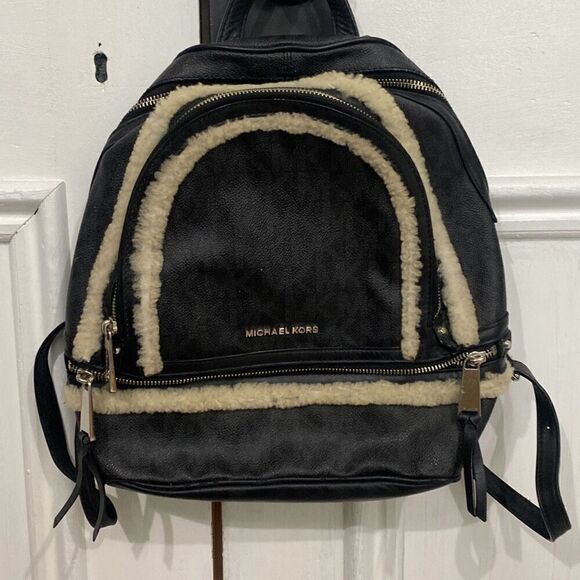 Michael Kors Women's Rhea Shearling Trim Medium Logo Backpack - Picture 1 of 6